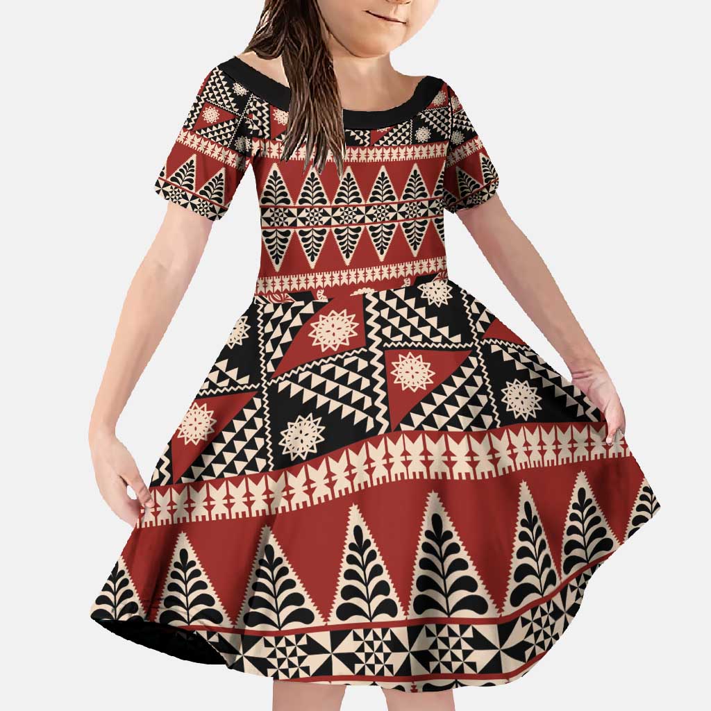 Vintage Bula Fiji Family Matching Summer Maxi Dress and Hawaiian Shirt Red Tapa Masi Motif