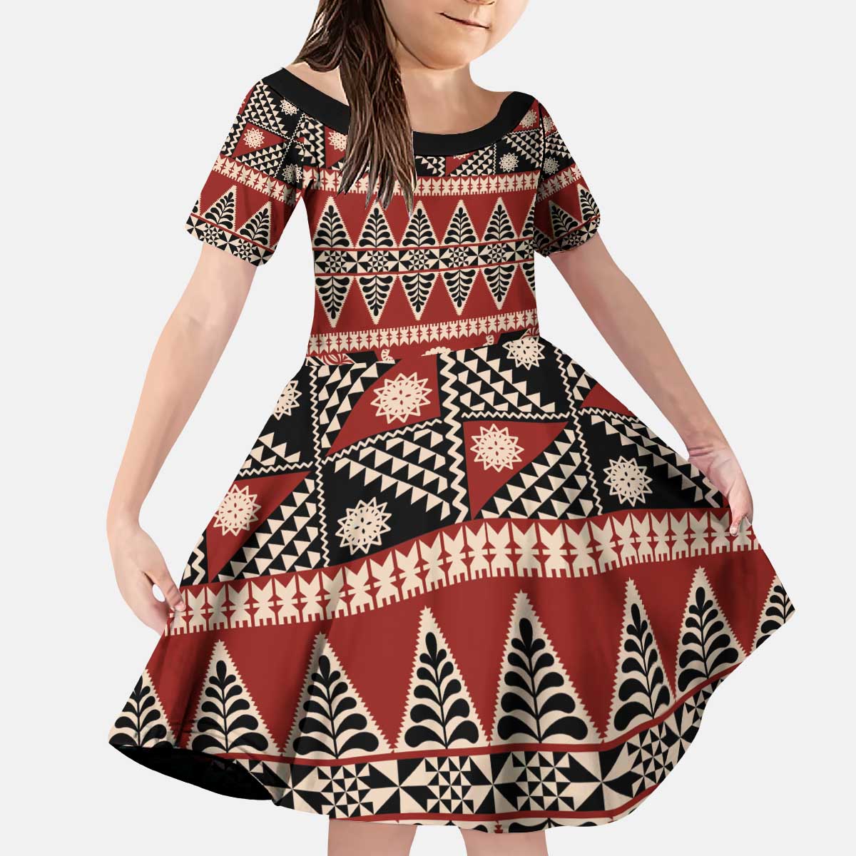 Vintage Bula Fiji Kid Short Sleeve Dress Red Tapa Masi Motif