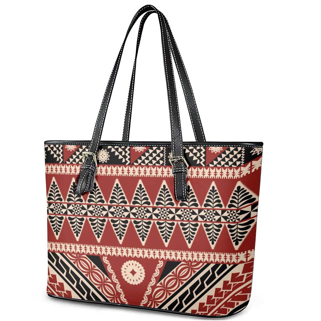 Vintage Bula Fiji Leather Tote Bag Red Tapa Masi Motif