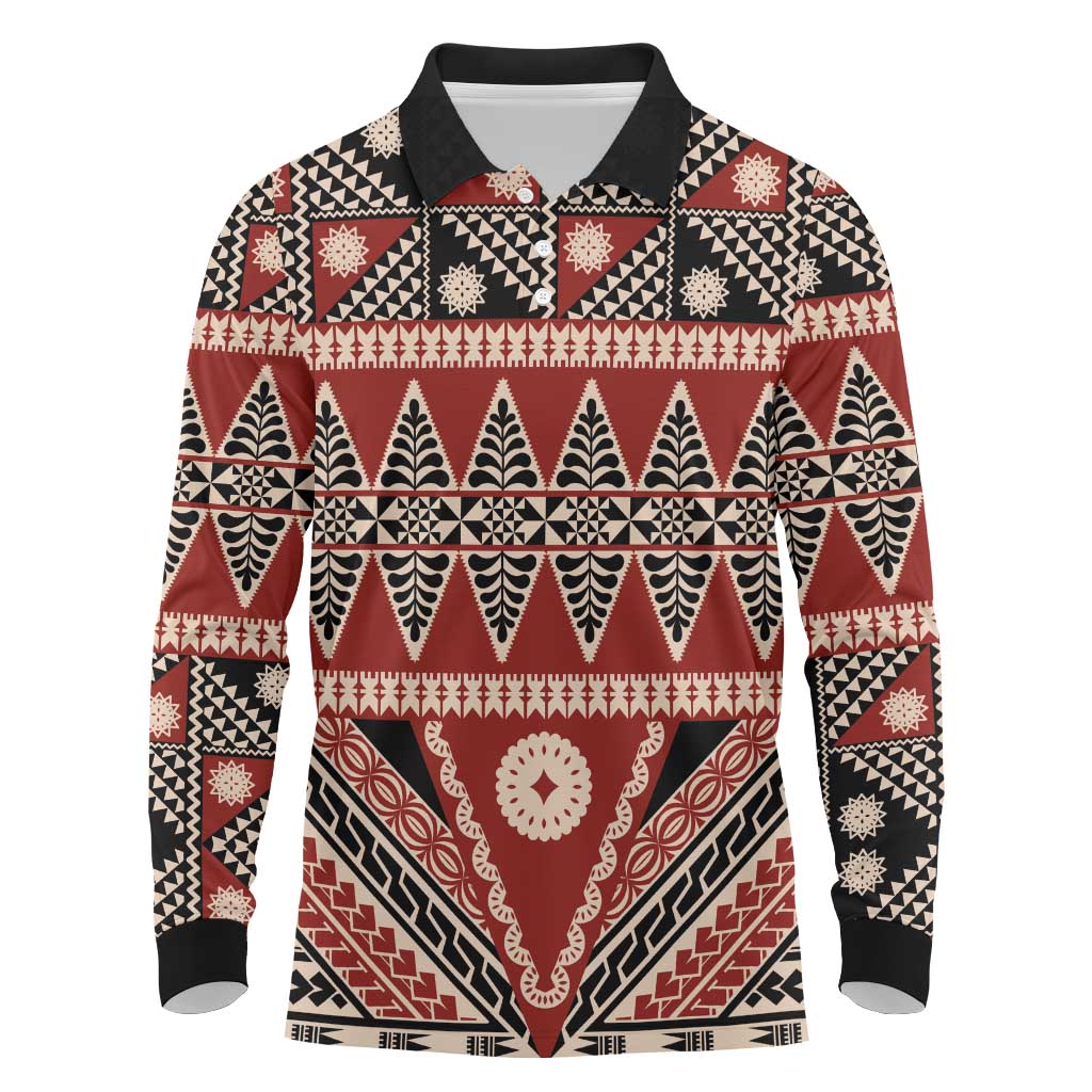 Vintage Bula Fiji Long Sleeve Polo Shirt Red Tapa Masi Motif