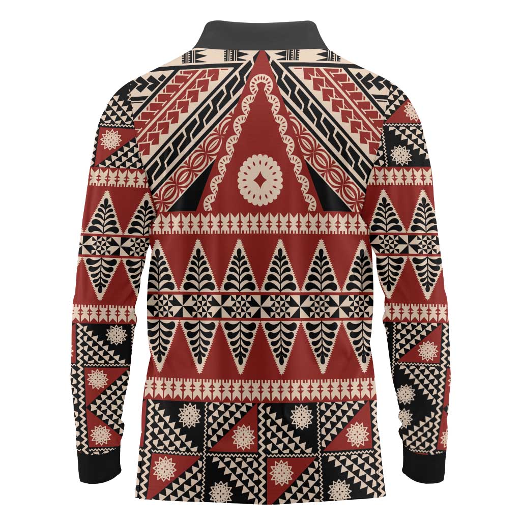 Vintage Bula Fiji Long Sleeve Polo Shirt Red Tapa Masi Motif