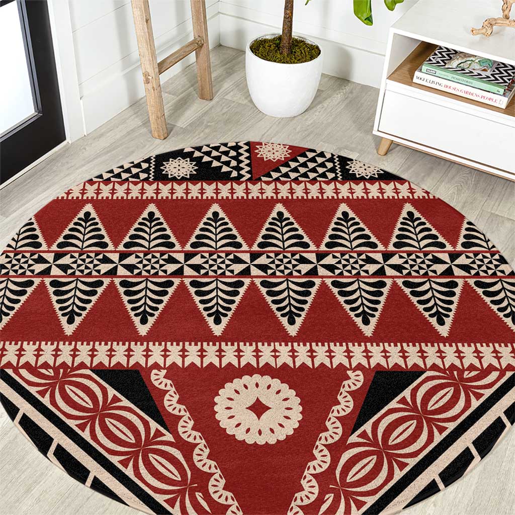 Vintage Bula Fiji Round Carpet Red Tapa Masi Motif