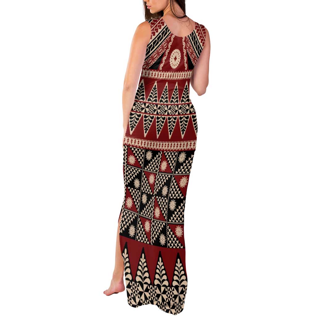 Vintage Bula Fiji Tank Maxi Dress Red Tapa Masi Motif