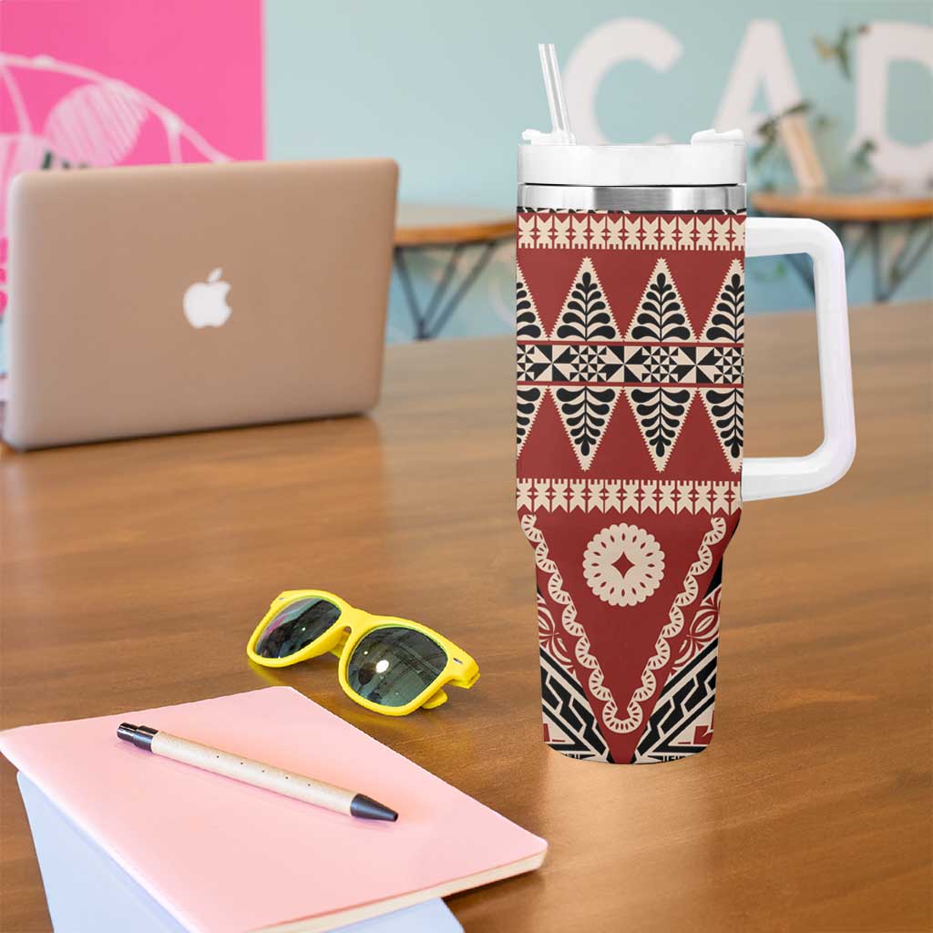 Vintage Bula Fiji Tumbler With Handle Red Tapa Masi Motif