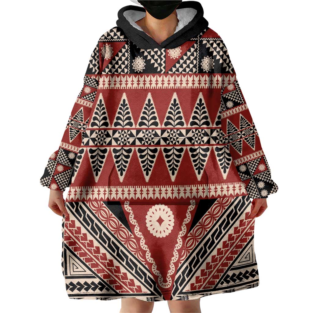 Vintage Bula Fiji Wearable Blanket Hoodie Red Tapa Masi Motif
