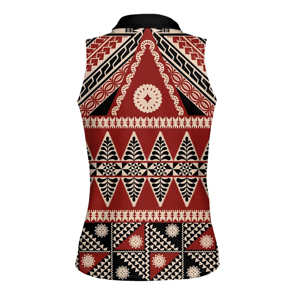 Vintage Bula Fiji Women Sleeveless Polo Shirt Red Tapa Masi Motif