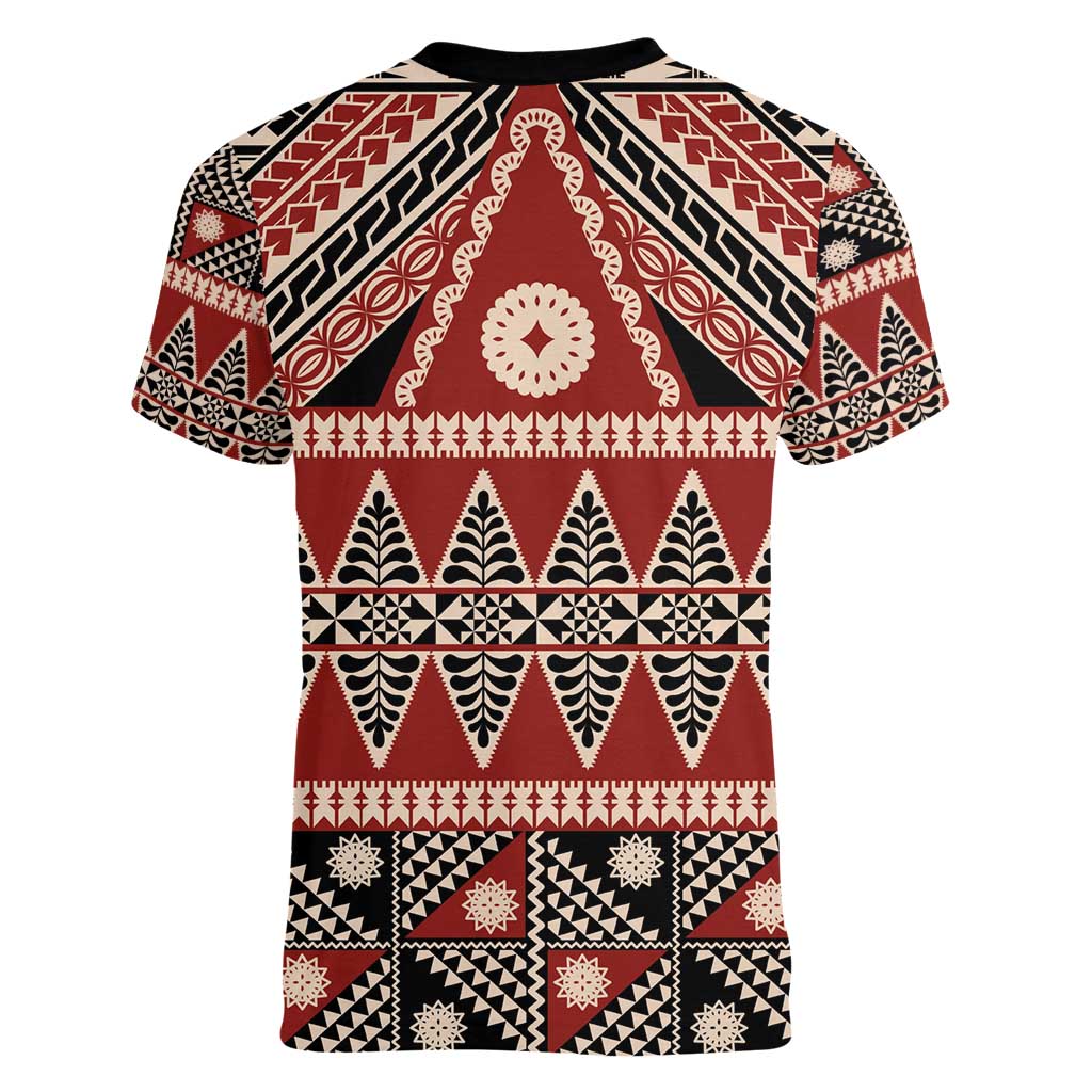 Vintage Bula Fiji Women V-Neck T-Shirt Red Tapa Masi Motif