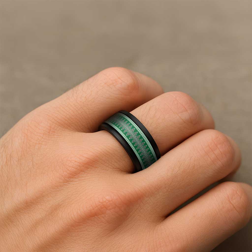 Vintage Bula Fiji Spinner Ring Green Tapa Motif Fiji Traditional Masi Pattern - Polynesian Pride