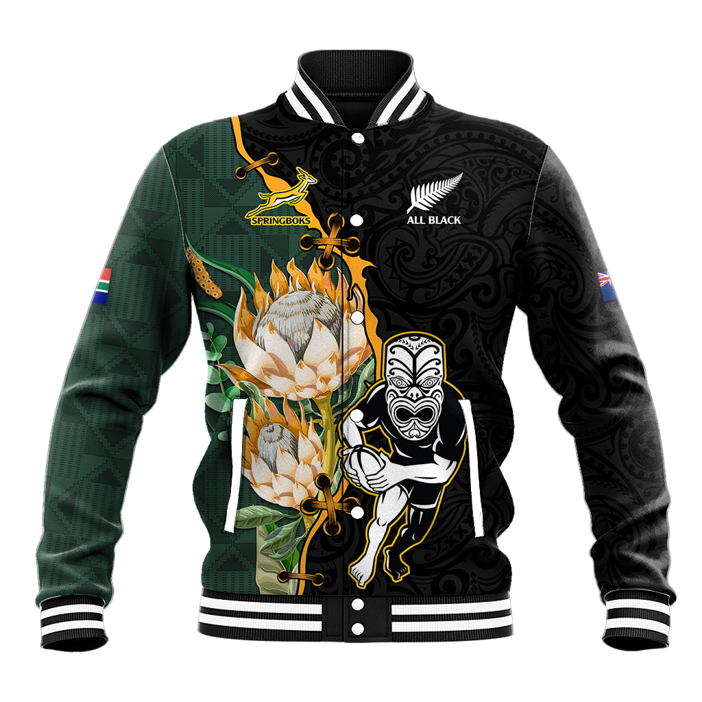 South Africa Protea and New Zealand Baseball Jacket Go All Black-Springboks Rugby with Kente And Maori LT9 Unisex Black Green - Polynesian Pride