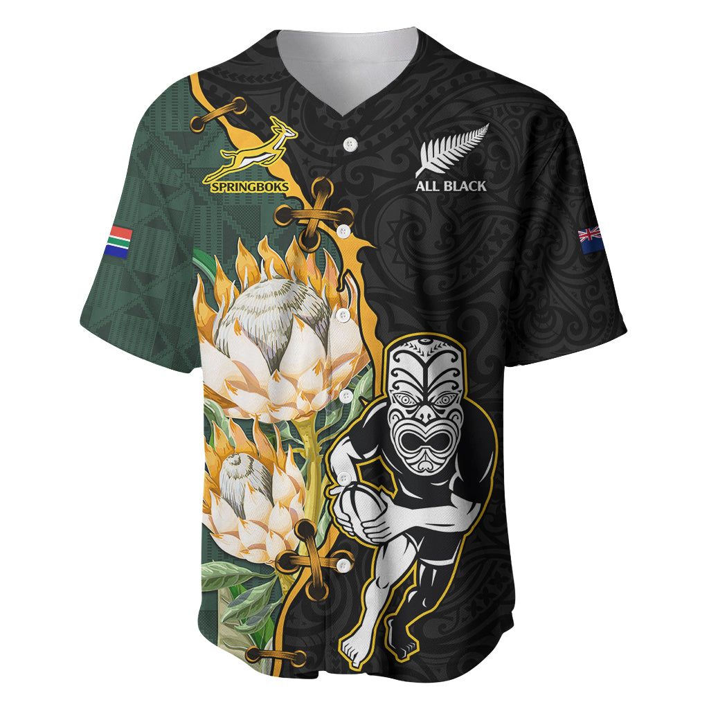 South Africa Protea and New Zealand Baseball Jersey Go All Black-Springboks Rugby with Kente And Maori LT9 Black Green - Polynesian Pride