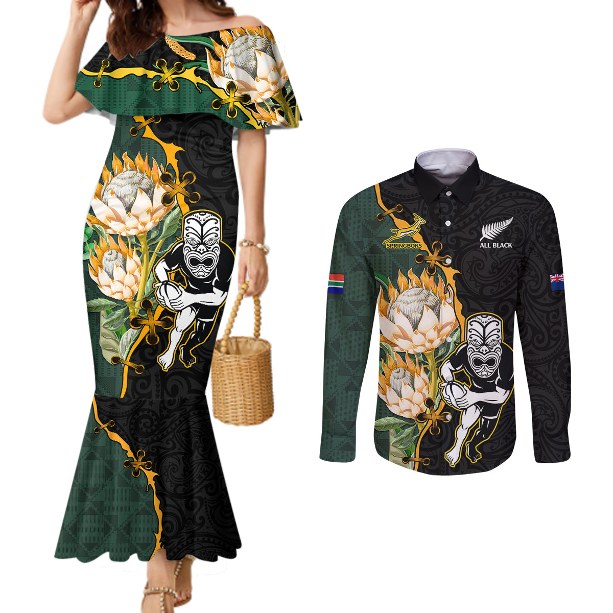 South Africa Protea and New Zealand Couples Matching Mermaid Dress and Long Sleeve Button Shirts Go All Black-Springboks Rugby with Kente And Maori LT9 Black Green - Polynesian Pride