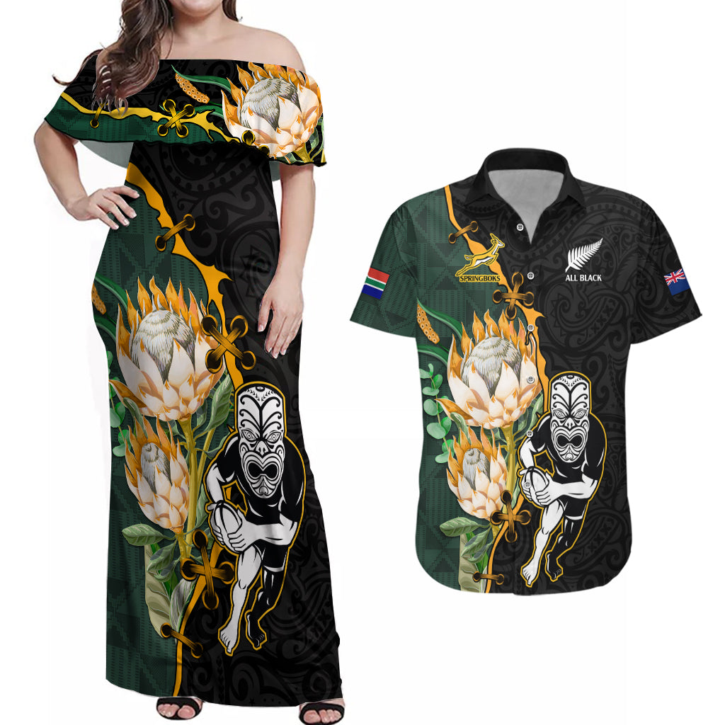 South Africa Protea and New Zealand Couples Matching Off Shoulder Maxi Dress and Hawaiian Shirt Go All Black-Springboks Rugby with Kente And Maori LT9 Black Green - Polynesian Pride