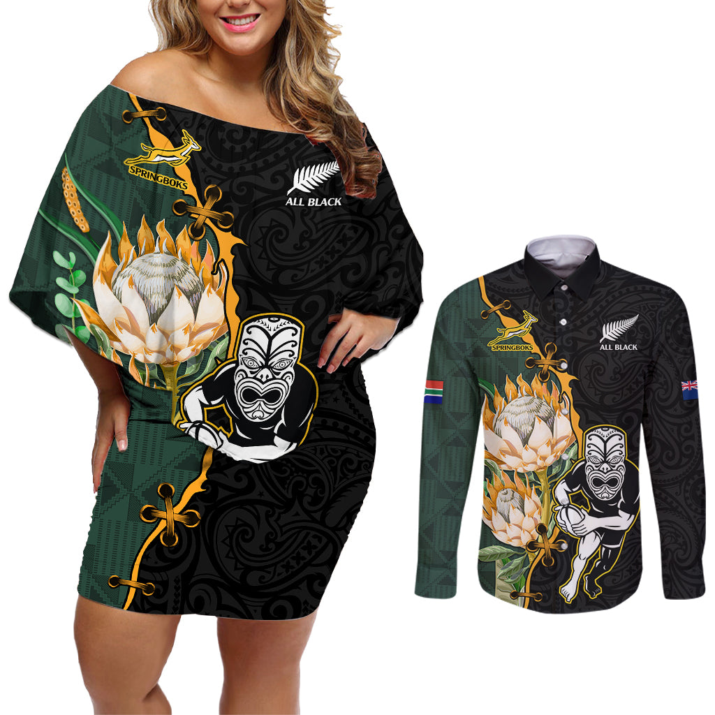 South Africa Protea and New Zealand Couples Matching Off Shoulder Short Dress and Long Sleeve Button Shirts Go All Black-Springboks Rugby with Kente And Maori LT9 Black Green - Polynesian Pride