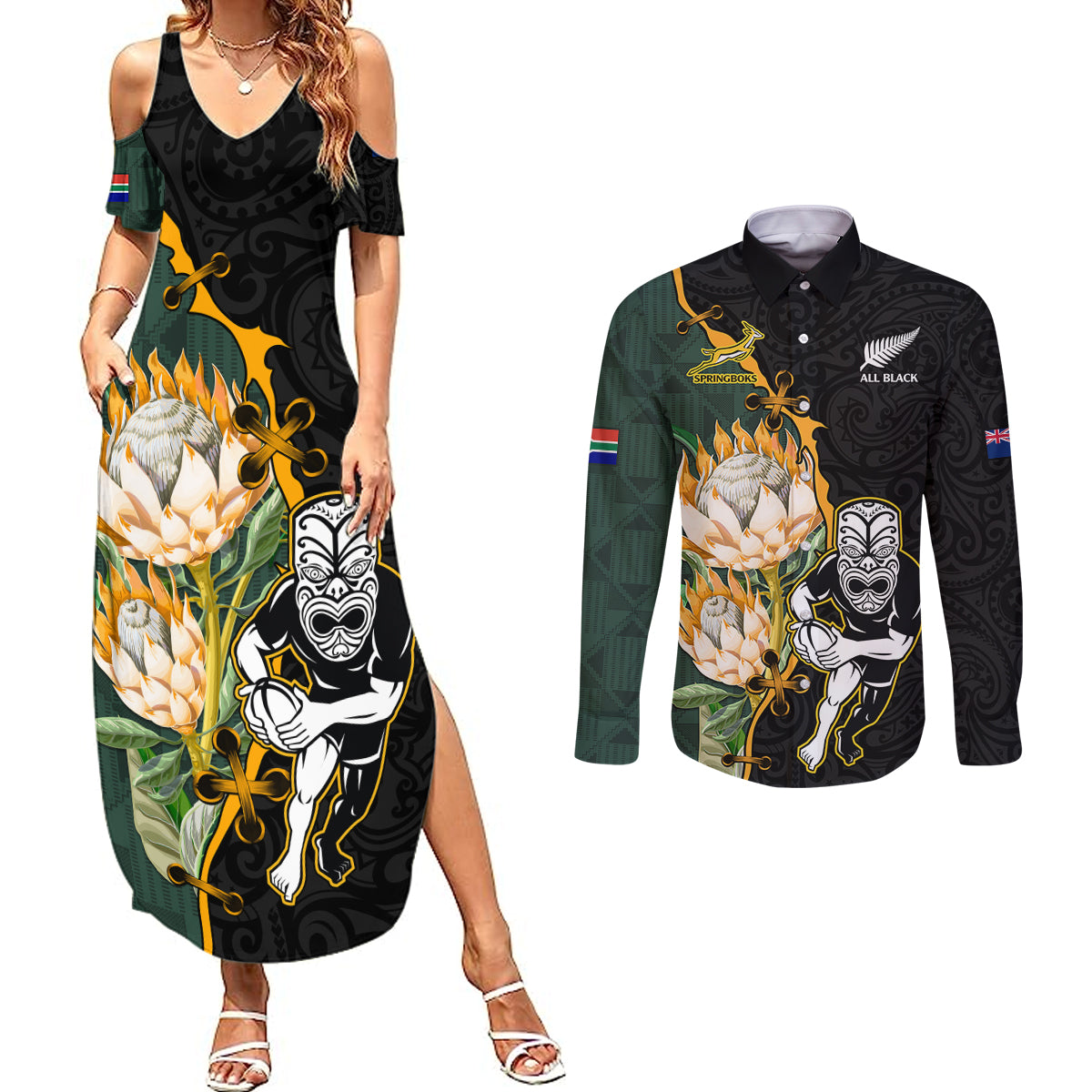 South Africa Protea and New Zealand Couples Matching Summer Maxi Dress and Long Sleeve Button Shirts Go All Black-Springboks Rugby with Kente And Maori LT9 Black Green - Polynesian Pride