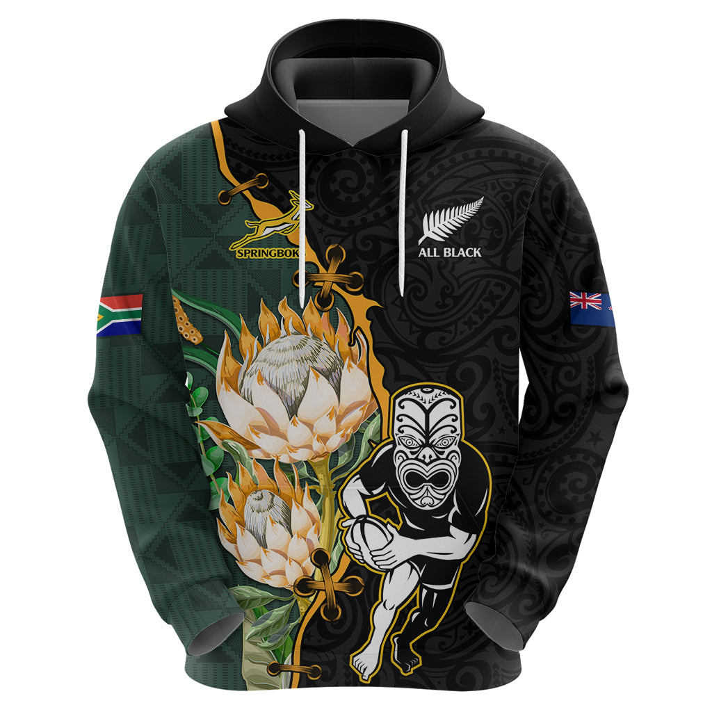 South Africa Protea and New Zealand Hoodie Go All Black-Springboks Rugby with Kente And Maori LT9 - Polynesian Pride