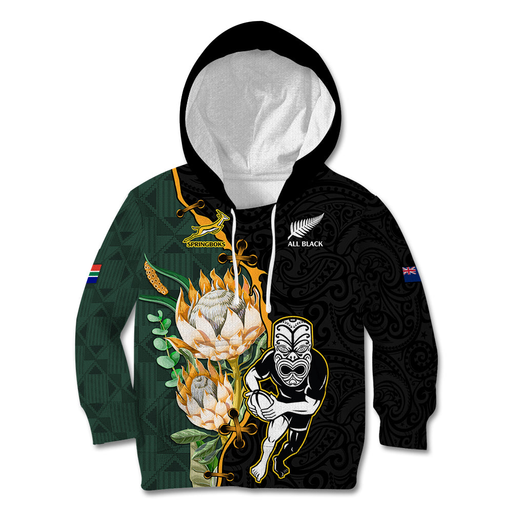 South Africa Protea and New Zealand Kid Hoodie Go All Black-Springboks Rugby with Kente And Maori LT9 Hoodie Black Green - Polynesian Pride