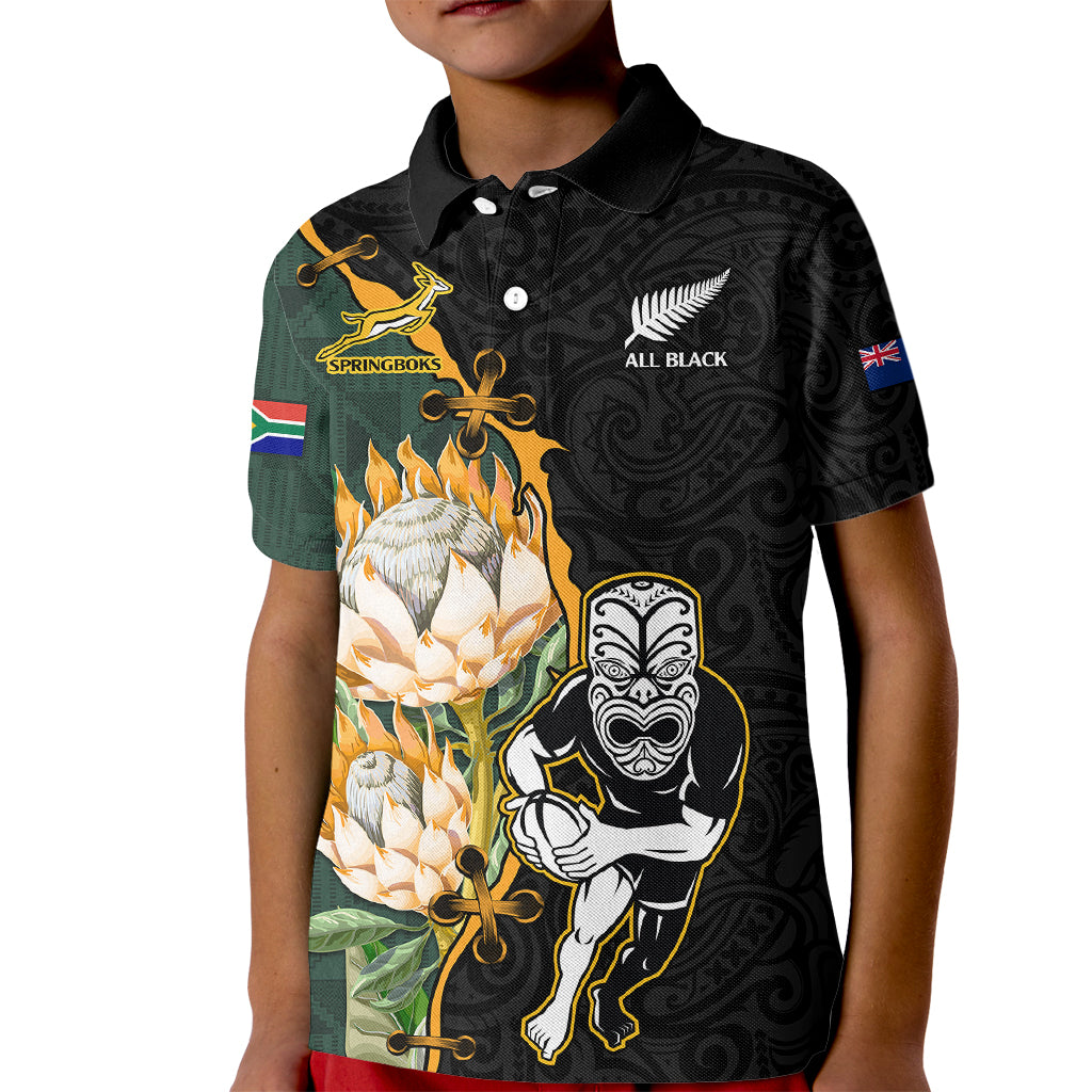 South Africa Protea and New Zealand Kid Polo Shirt Go All Black-Springboks Rugby with Kente And Maori LT9 Kid Black Green - Polynesian Pride