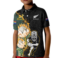 South Africa Protea and New Zealand Kid Polo Shirt Go All Black-Springboks Rugby with Kente And Maori LT9 Kid Black Green - Polynesian Pride