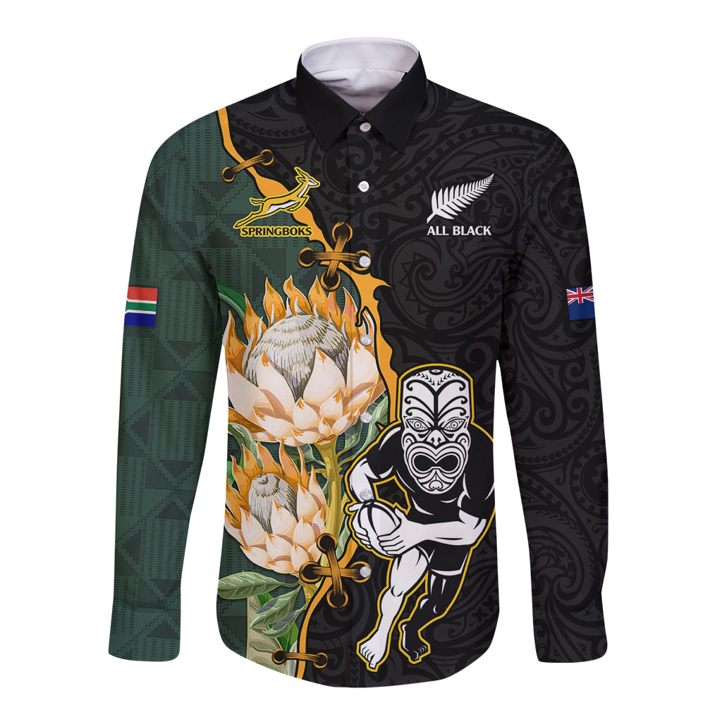 South Africa Protea and New Zealand Long Sleeve Button Shirt Go All Black-Springboks Rugby with Kente And Maori LT9 Unisex Black Green - Polynesian Pride