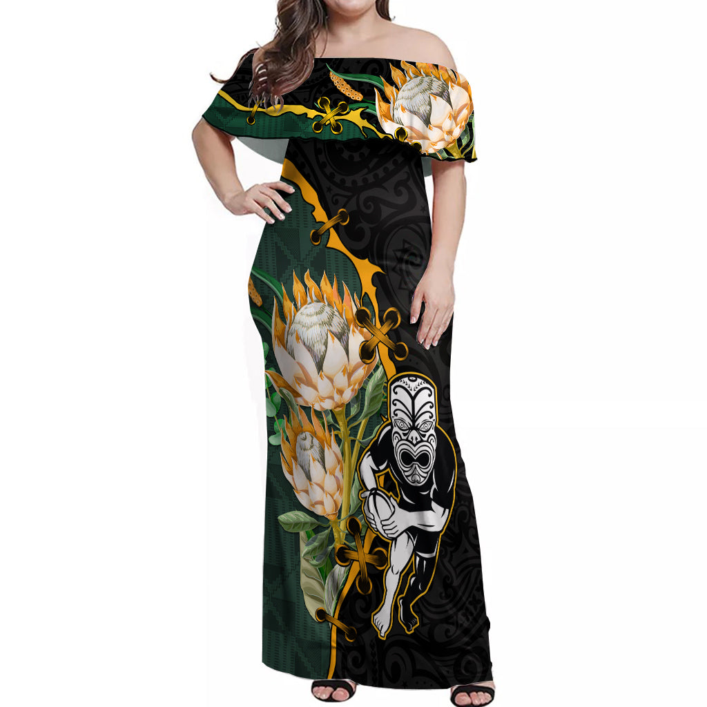 South Africa Protea and New Zealand Off Shoulder Maxi Dress Go All Black-Springboks Rugby with Kente And Maori LT9 Women Black Green - Polynesian Pride