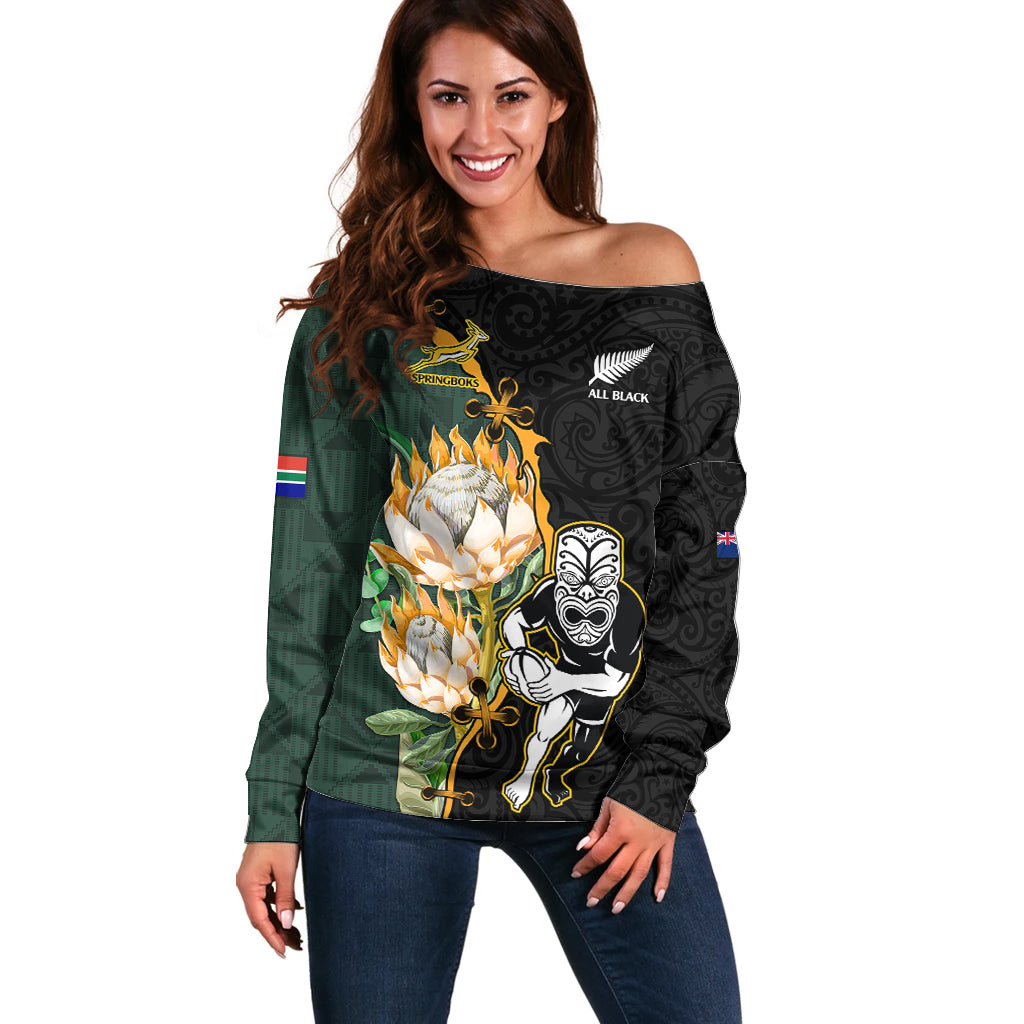 South Africa Protea and New Zealand Off Shoulder Sweater Go All Black-Springboks Rugby with Kente And Maori LT9 Women Black Green - Polynesian Pride