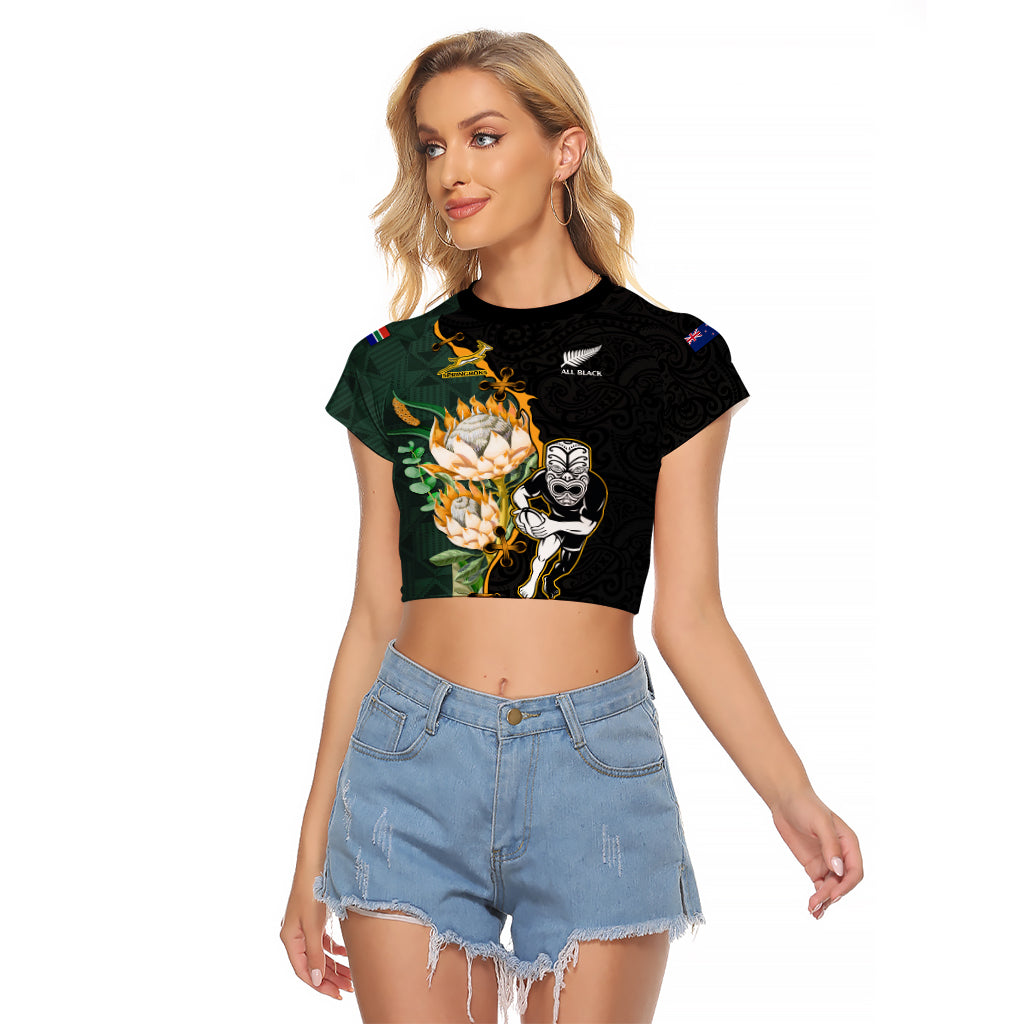 South Africa Protea and New Zealand Raglan Cropped T Shirt Go All Black-Springboks Rugby with Kente And Maori LT9 Female Black Green - Polynesian Pride