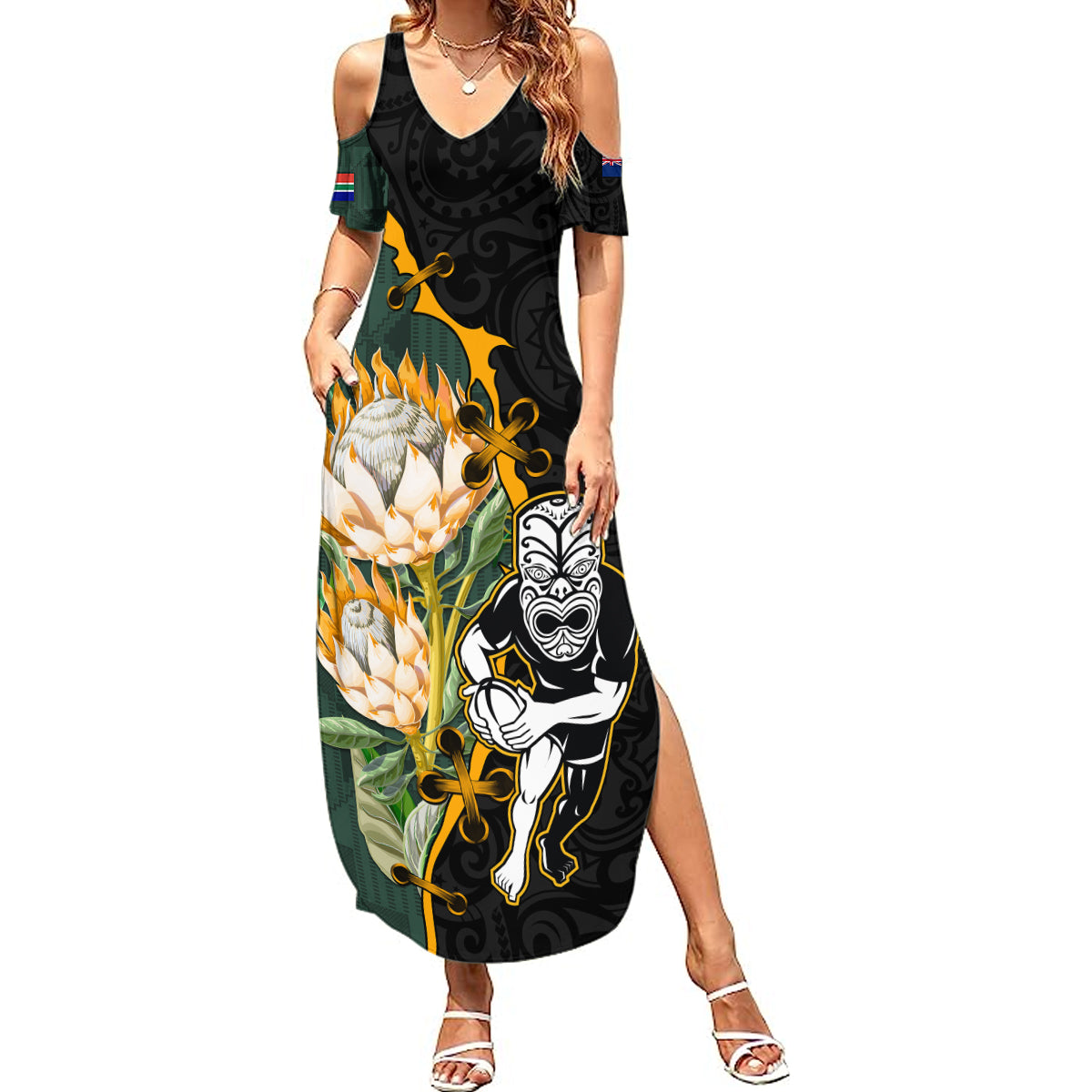 South Africa Protea and New Zealand Summer Maxi Dress Go All Black-Springboks Rugby with Kente And Maori LT9 Women Black Green - Polynesian Pride