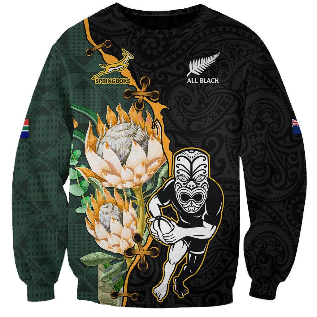 South Africa Protea and New Zealand Sweatshirt Go All Black-Springboks Rugby with Kente And Maori LT9 Unisex Black Green - Polynesian Pride