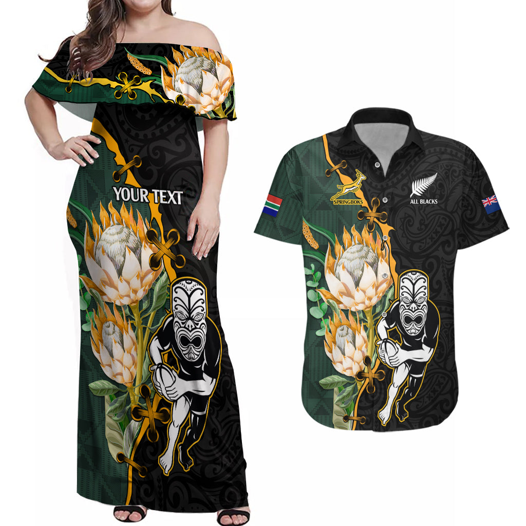 Custom South Africa Protea and New Zealand Couples Matching Off Shoulder Maxi Dress and Hawaiian Shirt Go All Black-Springboks Rugby with Kente And Maori LT9 Black Green - Polynesian Pride