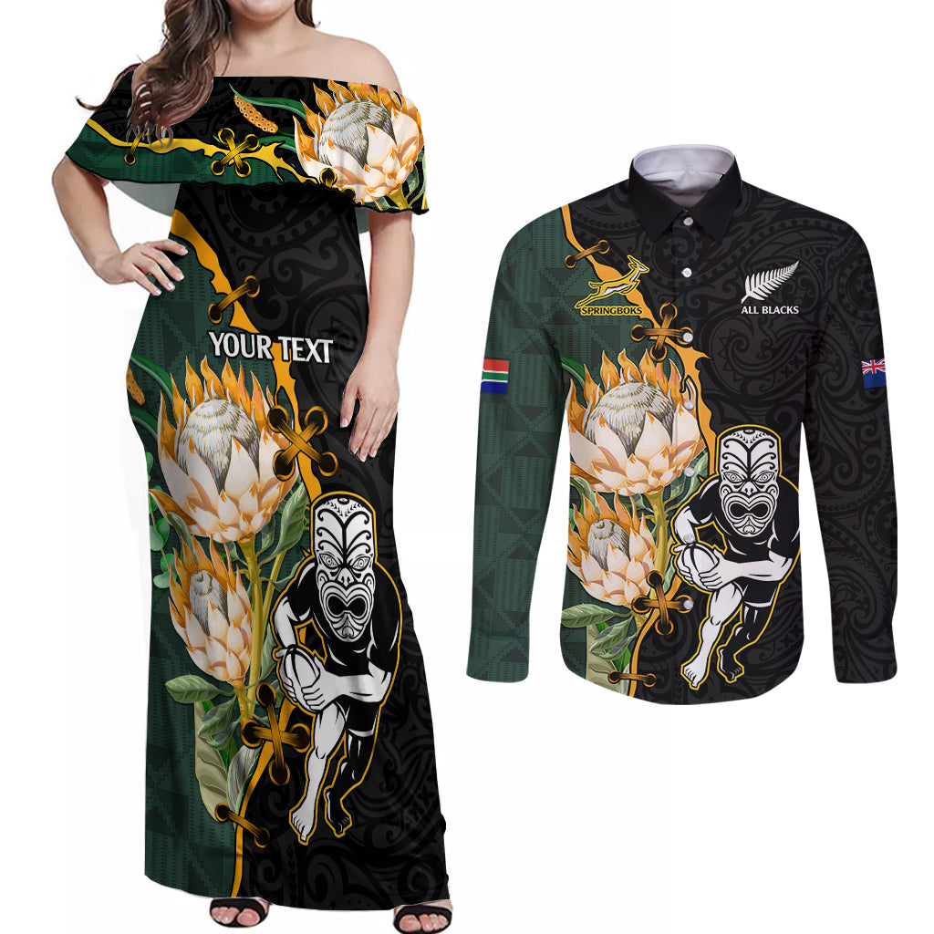 Custom South Africa Protea and New Zealand Couples Matching Off Shoulder Maxi Dress and Long Sleeve Button Shirts Go All Black-Springboks Rugby with Kente And Maori LT9 Black Green - Polynesian Pride