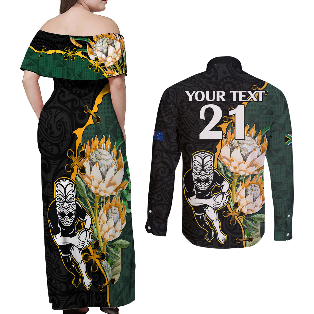 Custom South Africa Protea and New Zealand Couples Matching Off Shoulder Maxi Dress and Long Sleeve Button Shirts Go All Black-Springboks Rugby with Kente And Maori LT9 - Polynesian Pride