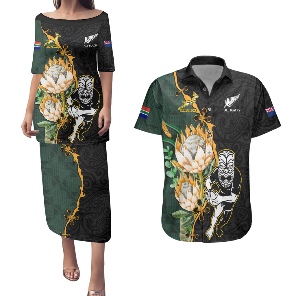 Custom South Africa Protea and New Zealand Couples Matching Puletasi Dress and Hawaiian Shirt Go All Black-Springboks Rugby with Kente And Maori LT9 Black Green - Polynesian Pride