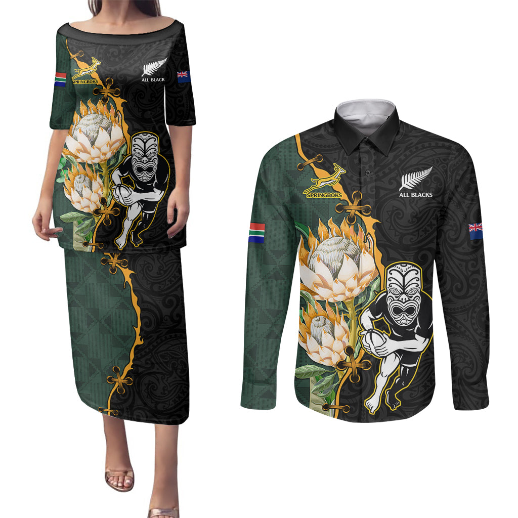 Custom South Africa Protea and New Zealand Couples Matching Puletasi Dress and Long Sleeve Button Shirts Go All Black-Springboks Rugby with Kente And Maori LT9 Black Green - Polynesian Pride