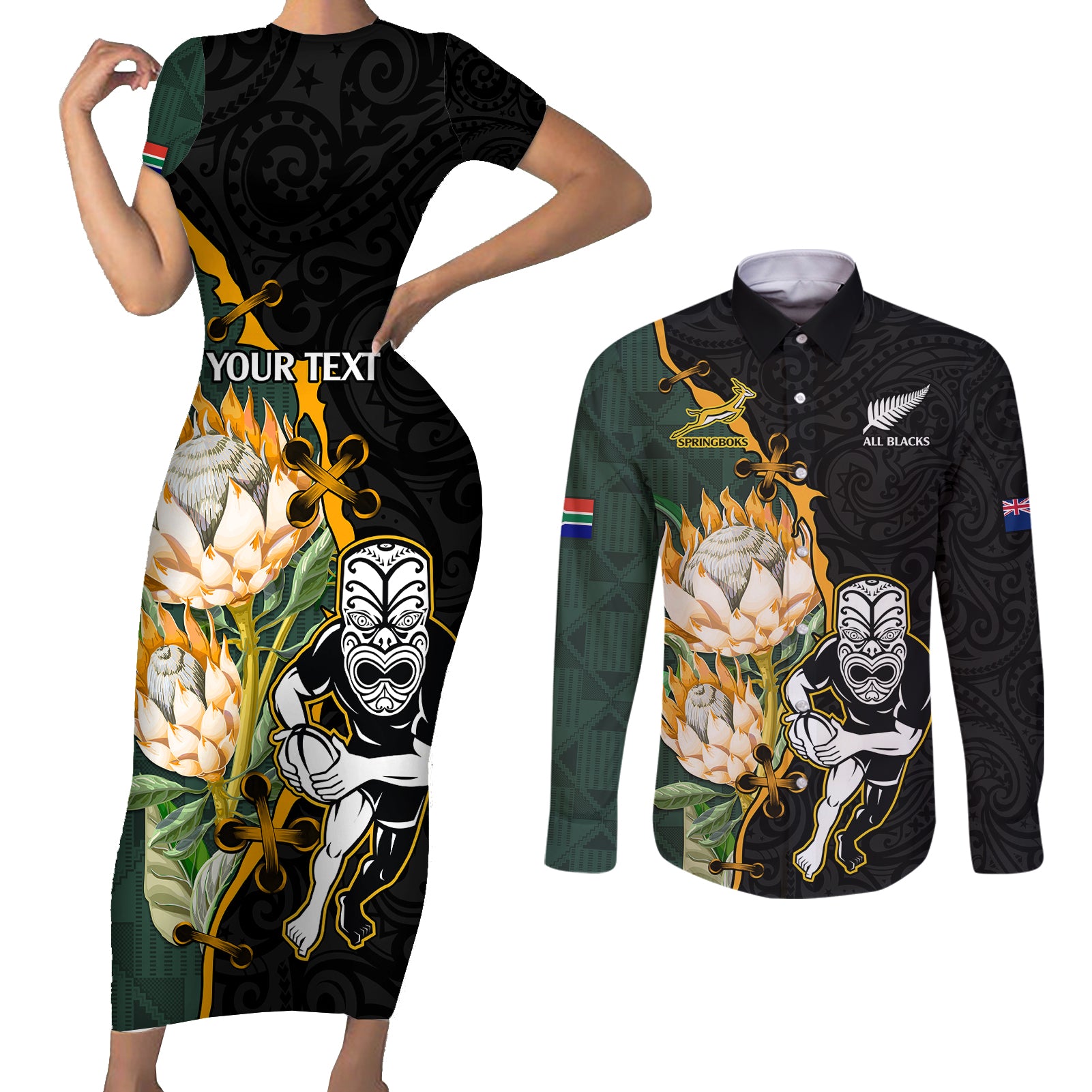 Custom South Africa Protea and New Zealand Couples Matching Short Sleeve Bodycon Dress and Long Sleeve Button Shirts Go All Black-Springboks Rugby with Kente And Maori LT9 Black Green - Polynesian Pride