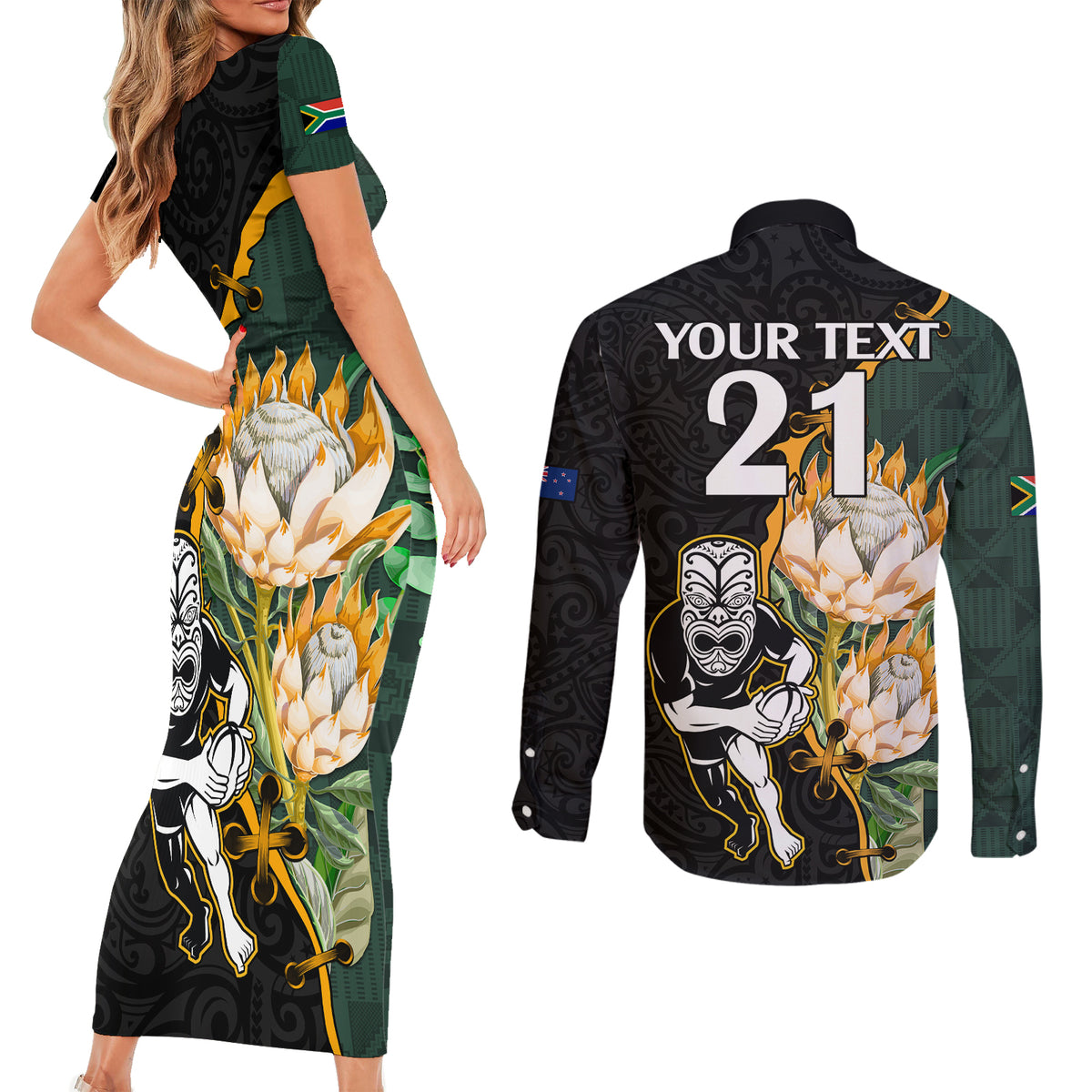 Custom South Africa Protea and New Zealand Couples Matching Short Sleeve Bodycon Dress and Long Sleeve Button Shirts Go All Black-Springboks Rugby with Kente And Maori LT9 - Polynesian Pride
