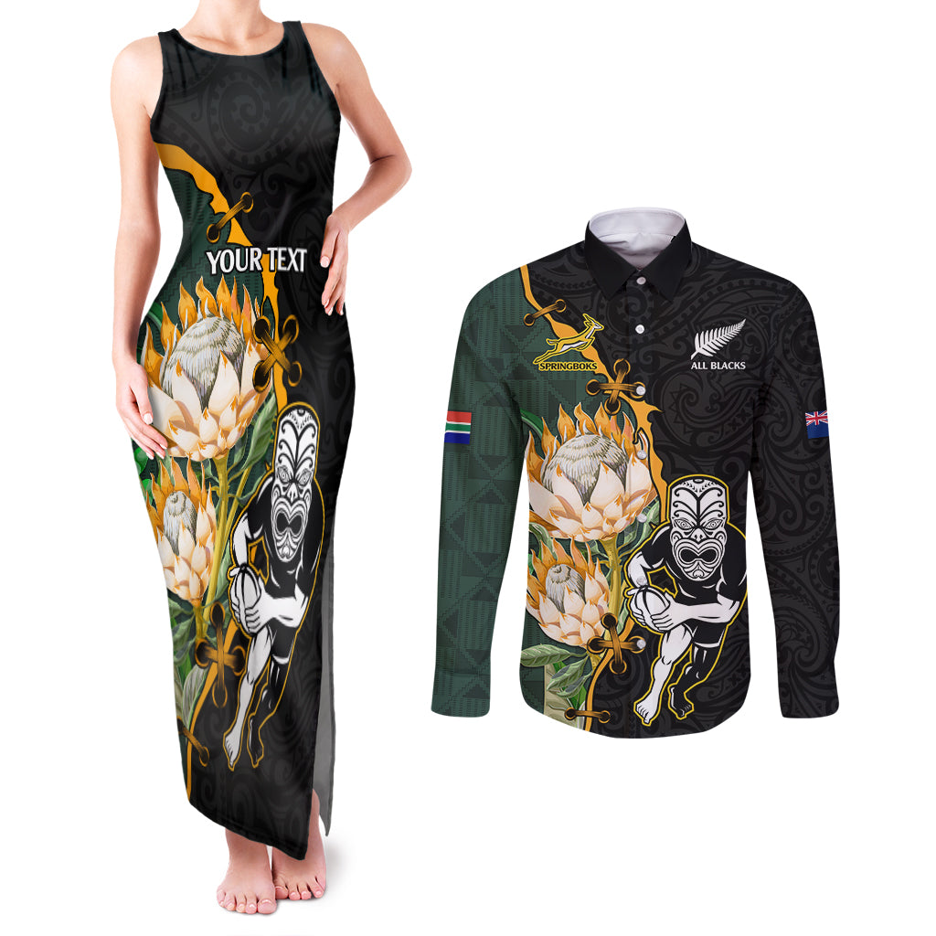 Custom South Africa Protea and New Zealand Couples Matching Tank Maxi Dress and Long Sleeve Button Shirts Go All Black-Springboks Rugby with Kente And Maori LT9 Black Green - Polynesian Pride