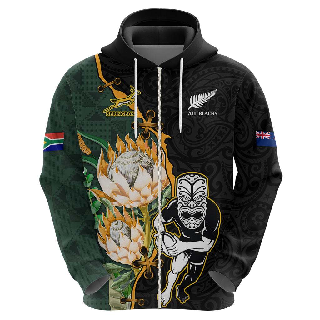 Custom South Africa Protea and New Zealand Hoodie Dress Go All Black-Springboks Rugby with Kente And Maori LT9 - Polynesian Pride