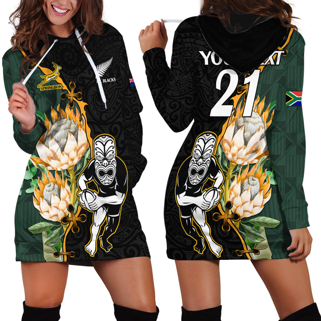 Custom South Africa Protea and New Zealand Hoodie Go All Black-Springboks Rugby with Kente And Maori LT9 - Polynesian Pride