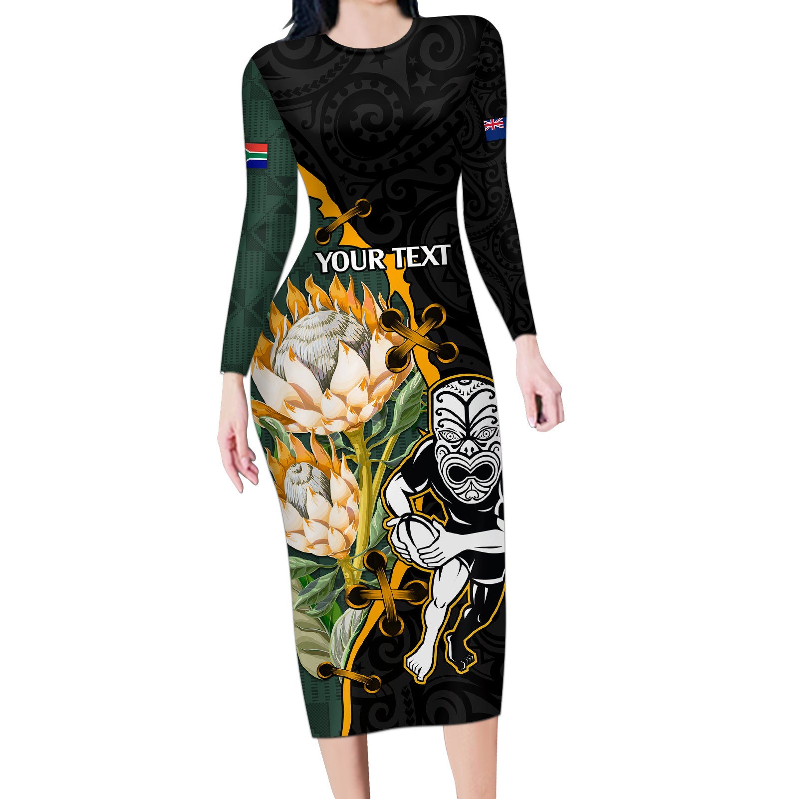 Custom South Africa Protea and New Zealand Long Sleeve Bodycon Dress Go All Black-Springboks Rugby with Kente And Maori LT9 Long Dress Black Green - Polynesian Pride