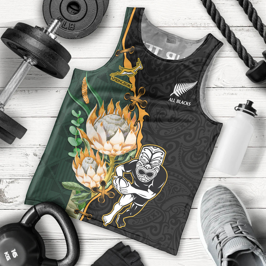 Custom South Africa Protea and New Zealand Men Tank Top Go All Black-Springboks Rugby with Kente And Maori LT9 Black Green - Polynesian Pride