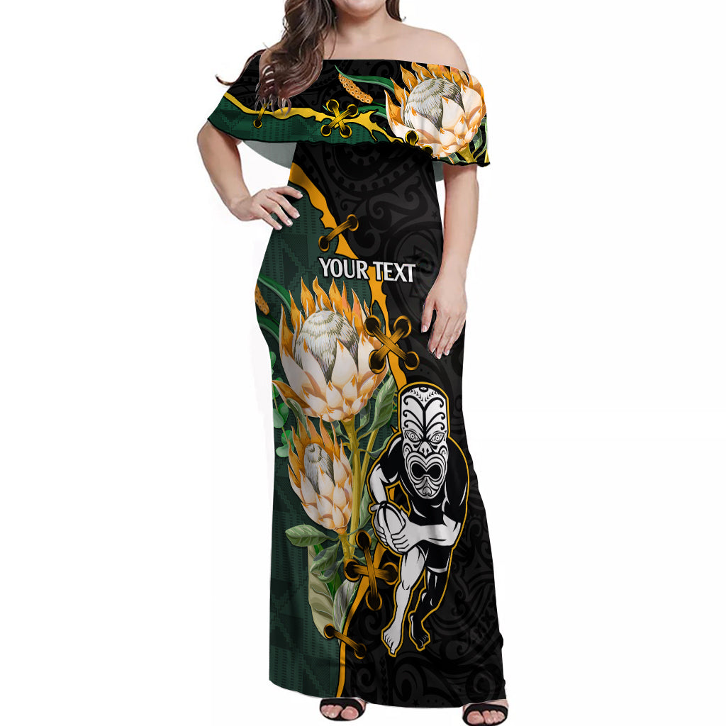 Custom South Africa Protea and New Zealand Off Shoulder Maxi Dress Go All Black-Springboks Rugby with Kente And Maori LT9 Women Black Green - Polynesian Pride