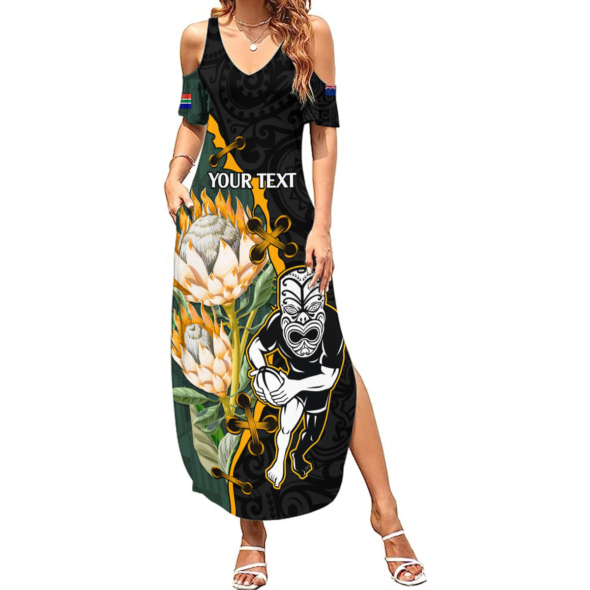 Custom South Africa Protea and New Zealand Summer Maxi Dress Go All Black-Springboks Rugby with Kente And Maori LT9 Women Black Green - Polynesian Pride