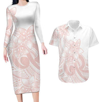 Polynesian Tribal Plumeria Lotu Tamaiti Couples Matching Long Sleeve Bodycon Dress and Hawaiian Shirt Pastel Blush - Polynesian Pride