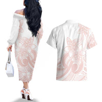 Polynesian Tribal Plumeria Lotu Tamaiti Couples Matching Off The Shoulder Long Sleeve Dress and Hawaiian Shirt Pastel Blush - Polynesian Pride