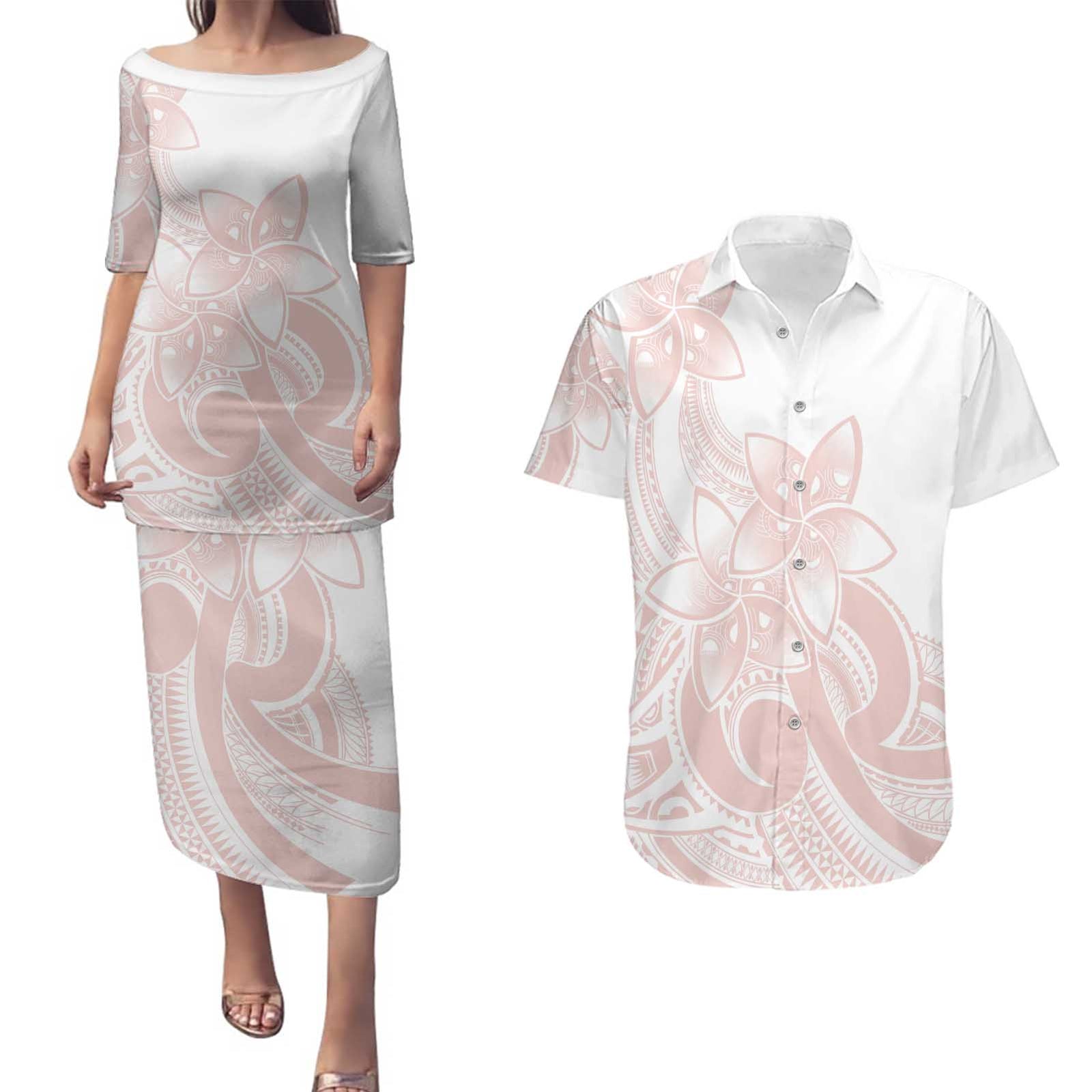 Polynesian Tribal Plumeria Lotu Tamaiti Couples Matching Puletasi and Hawaiian Shirt Pastel Blush LT9 Blush - Polynesian Pride