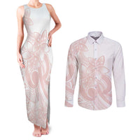 Polynesian Tribal Plumeria Lotu Tamaiti Couples Matching Tank Maxi Dress and Long Sleeve Button Shirt Pastel Blush - Polynesian Pride
