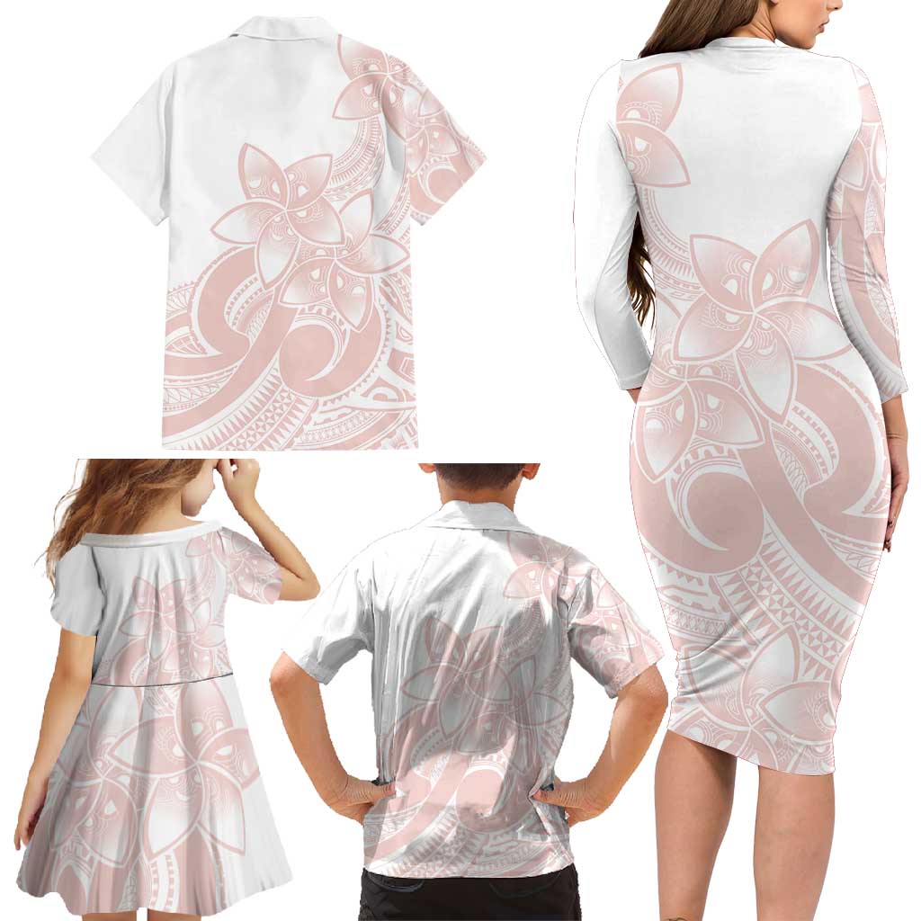 Polynesian Tribal Plumeria Lotu Tamaiti Family Matching Long Sleeve Bodycon Dress and Hawaiian Shirt Pastel Blush - Polynesian Pride