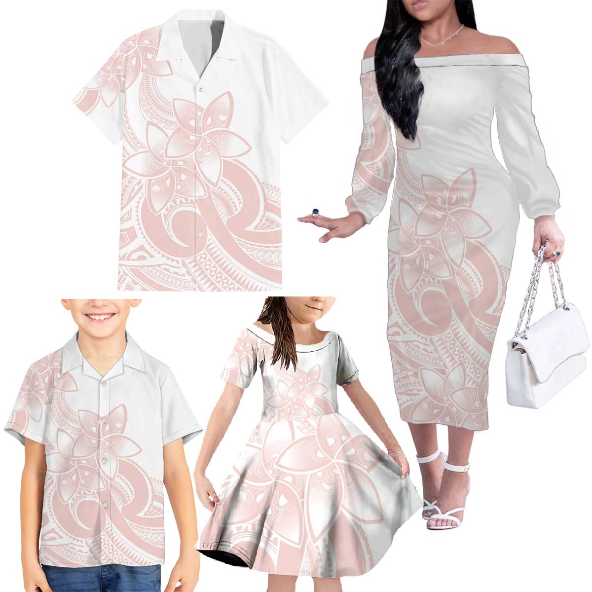 Polynesian Tribal Plumeria Lotu Tamaiti Family Matching Off The Shoulder Long Sleeve Dress and Hawaiian Shirt Pastel Blush - Polynesian Pride