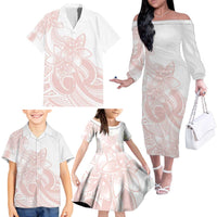 Polynesian Tribal Plumeria Lotu Tamaiti Family Matching Off The Shoulder Long Sleeve Dress and Hawaiian Shirt Pastel Blush - Polynesian Pride