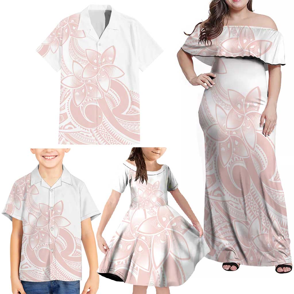 Polynesian Tribal Plumeria Lotu Tamaiti Family Matching Off Shoulder Maxi Dress and Hawaiian Shirt Pastel Blush - Polynesian Pride